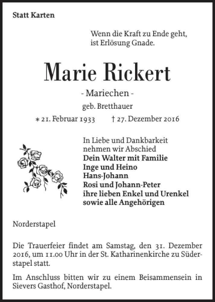  Traueranzeige für Marie Rickert vom 29.12.2016 aus Husumer Nachrichten