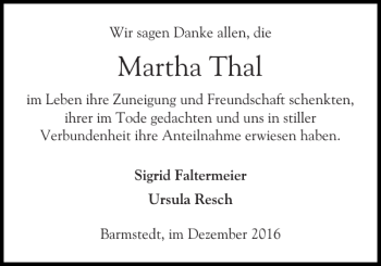 Traueranzeige von Martha Thal von Elmshorner Nachrichten