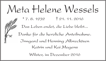 Traueranzeige von Meta Helene Wessels von Norddeutsche Rundschau
