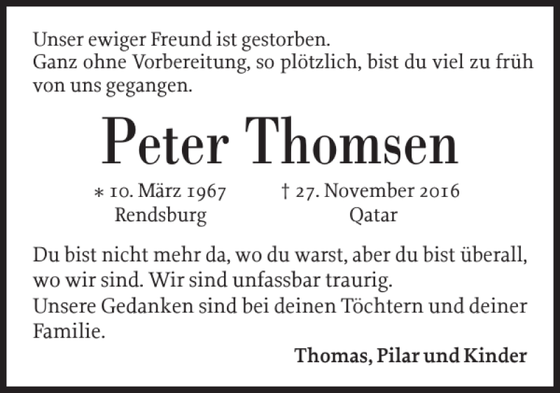 Traueranzeige für Peter Thomsen vom 14.12.2016 aus Landeszeitung
