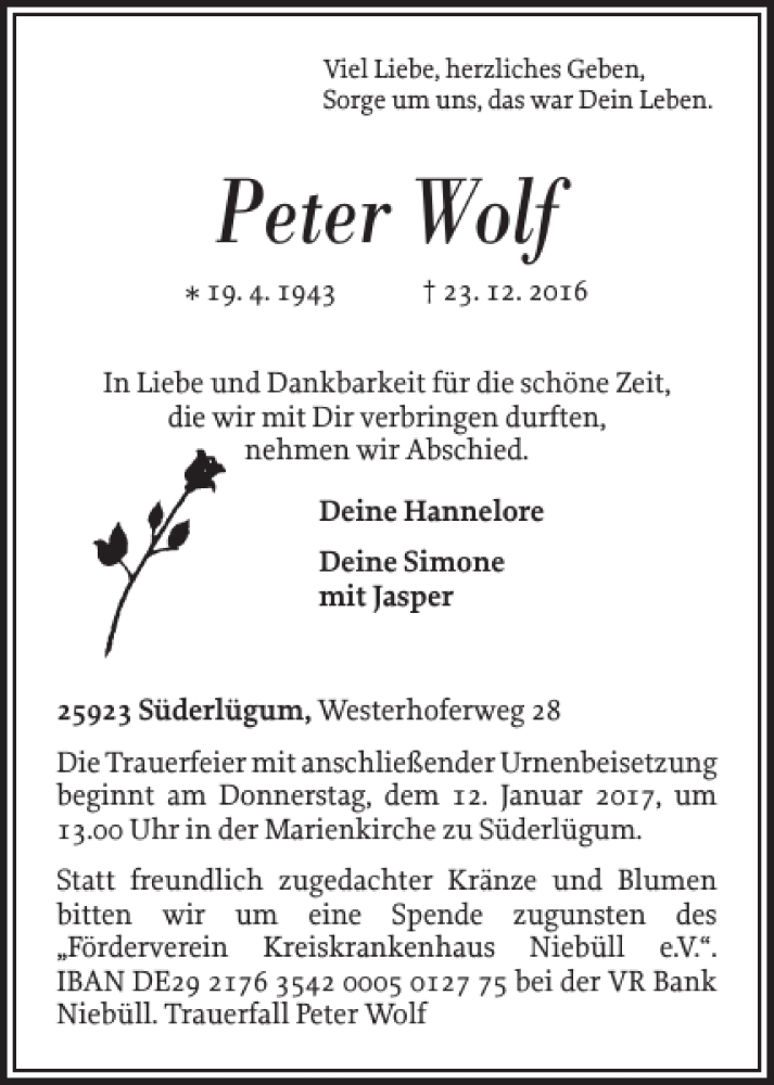  Traueranzeige für Peter Wolf vom 29.12.2016 aus Nordfriesland Tageblatt