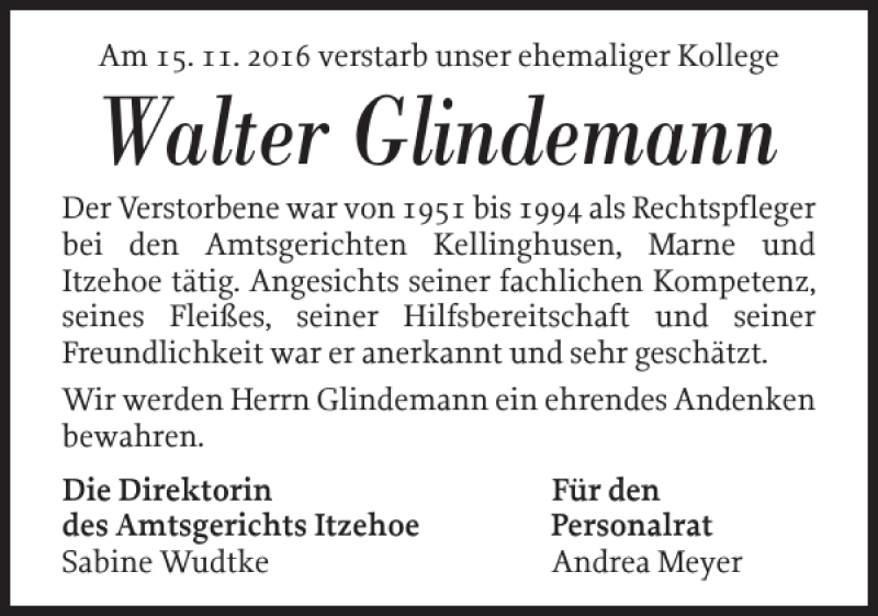  Traueranzeige für Walter Glindemann vom 16.12.2016 aus Norddeutsche Rundschau