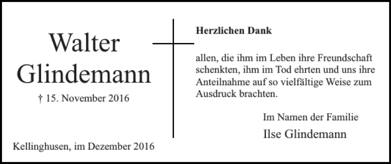  Traueranzeige für Walter Glindemann vom 03.12.2016 aus Norddeutsche Rundschau