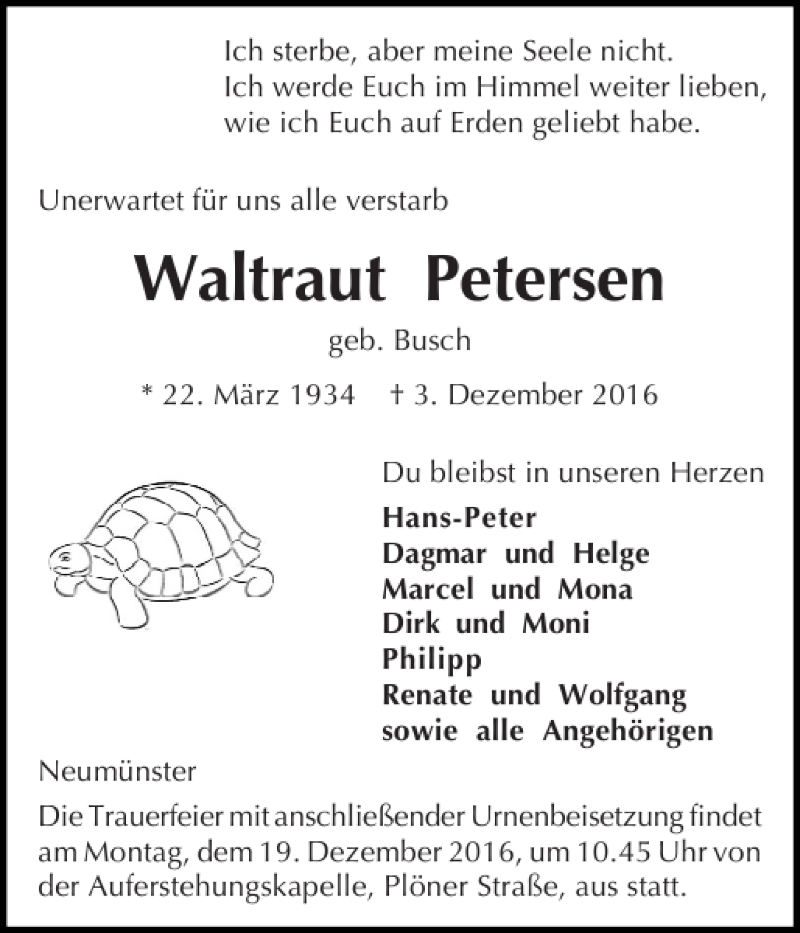 Traueranzeige für Waltraut Petersen vom 10.12.2016 aus Holsteinischer Courier