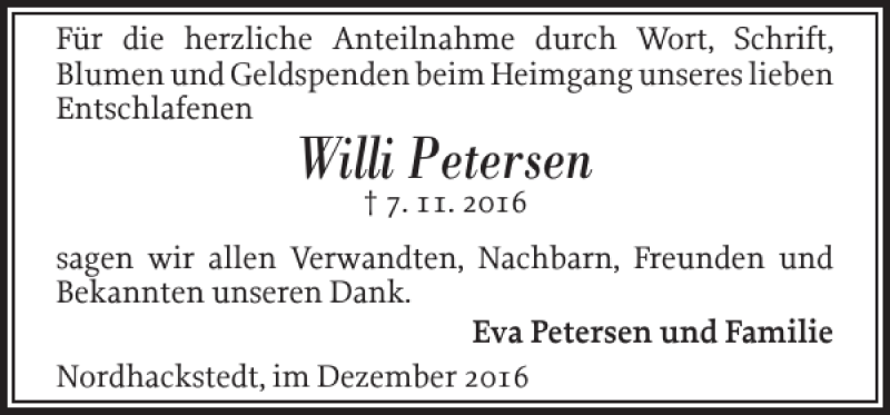  Traueranzeige für Willi Petersen vom 03.12.2016 aus Flensburger Tageblatt