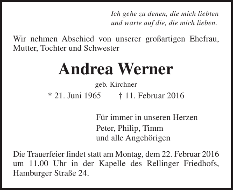  Traueranzeige für Andrea Werner vom 20.02.2016 aus Pinneberger Tageblatt