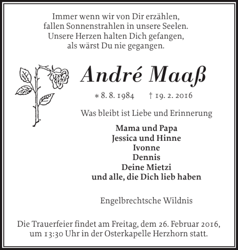  Traueranzeige für André Maaß vom 23.02.2016 aus Norddeutsche Rundschau