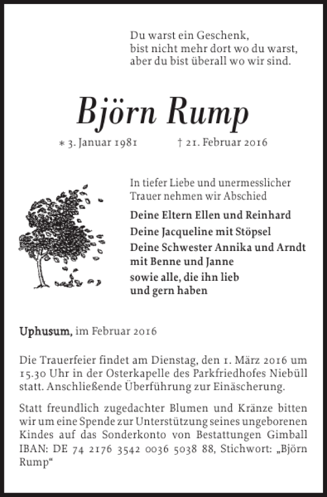  Traueranzeige für Björn Rump vom 26.02.2016 aus Nordfriesland Tageblatt
