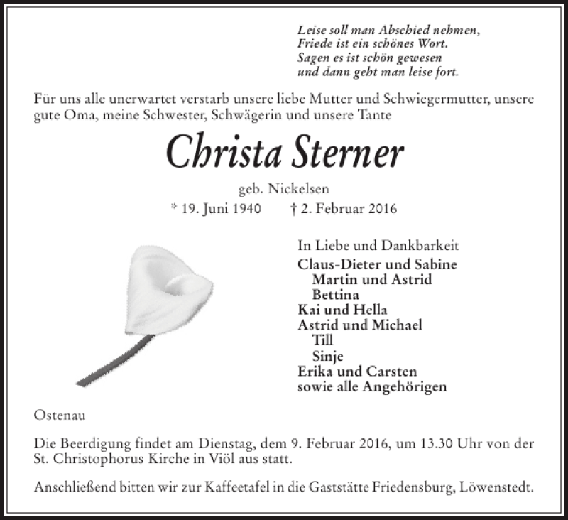  Traueranzeige für Christa Sterner vom 04.02.2016 aus Husumer Nachrichten