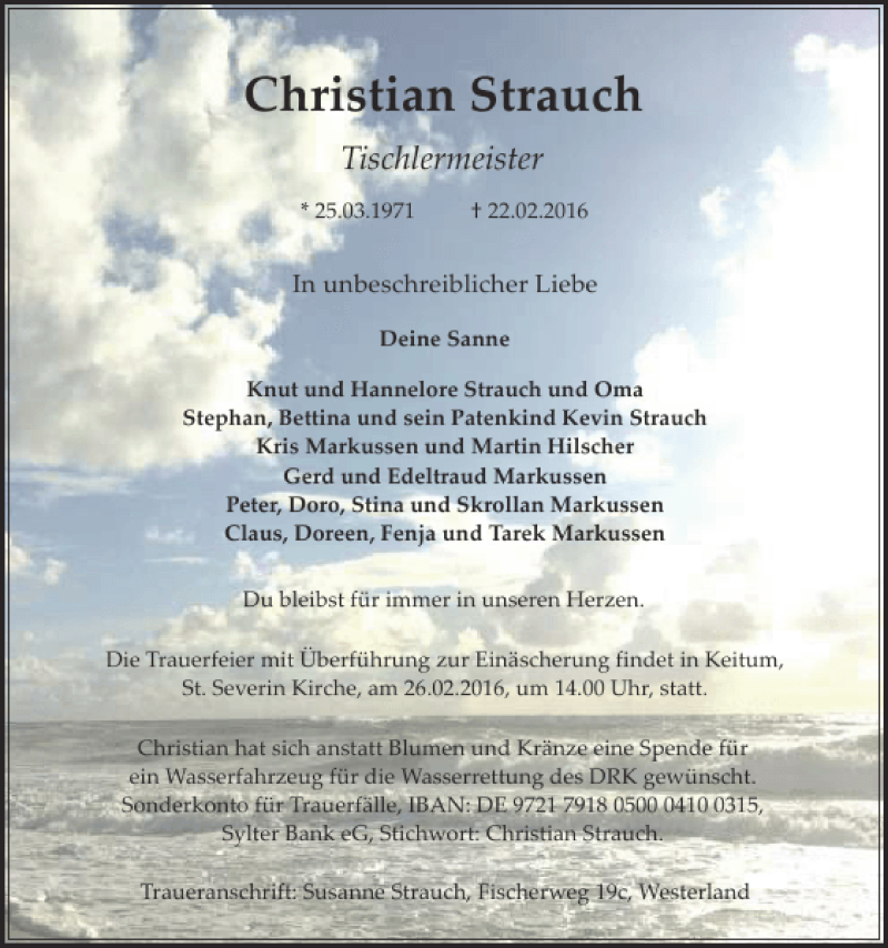  Traueranzeige für Christian Strauch vom 25.02.2016 aus Sylter Rundschau