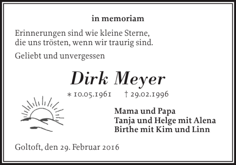  Traueranzeige für Dirk Meyer vom 29.02.2016 aus Schleswiger Nachrichten