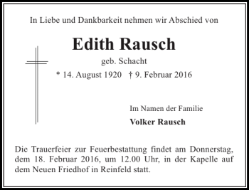 Traueranzeige von Edith Rausch geb. Schacht von Stormarner Tageblatt