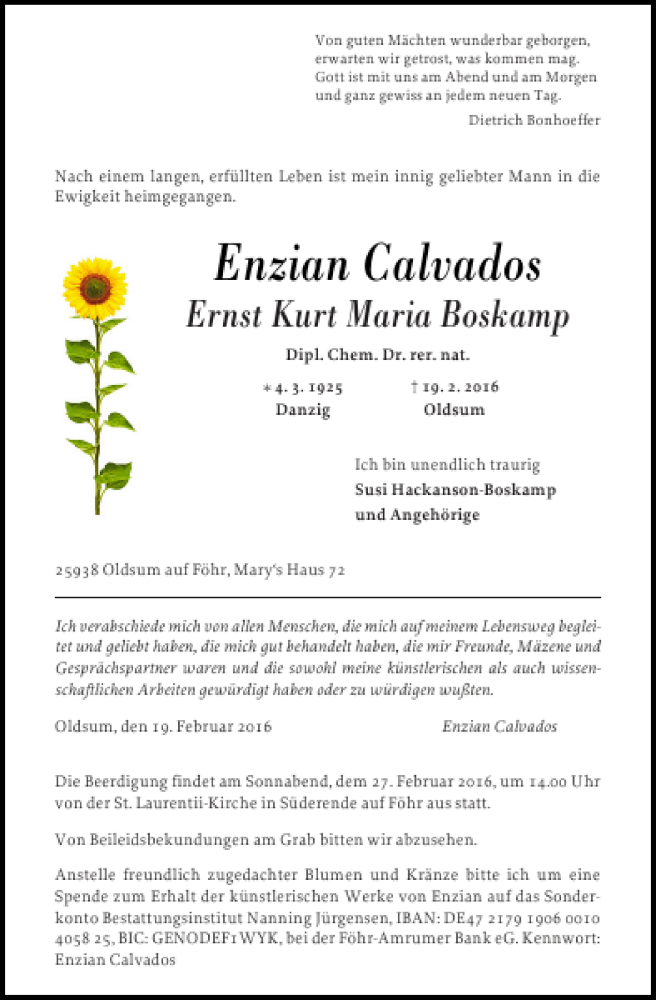 Traueranzeige für Enzian Calvados vom 24.02.2016 aus Der Insel-Bote
