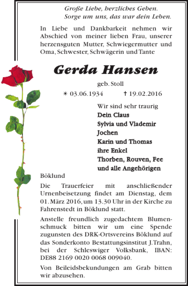  Traueranzeige für Gerda Hansen vom 24.02.2016 aus Schleswiger Nachrichten