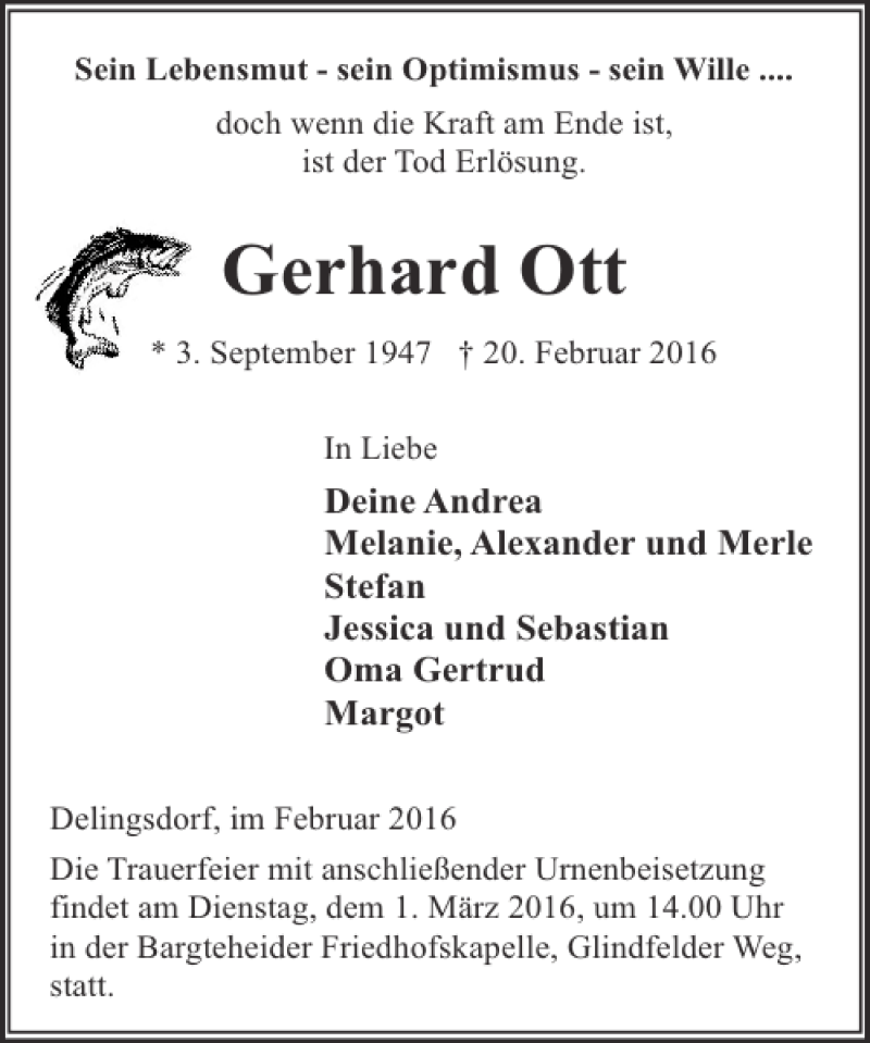  Traueranzeige für Gerhard Ott vom 27.02.2016 aus Stormarner Tageblatt