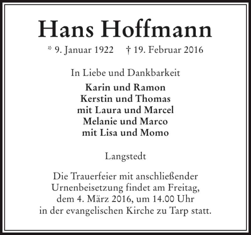 Traueranzeige für Hans Hoffmann vom 27.02.2016 aus Flensburger Tageblatt