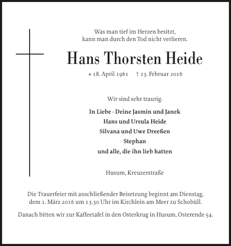  Traueranzeige für Hans Thorsten Heide vom 27.02.2016 aus Husumer Nachrichten