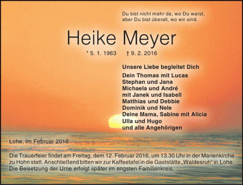  Traueranzeige für Heike Meyer vom 11.02.2016 aus Landeszeitung