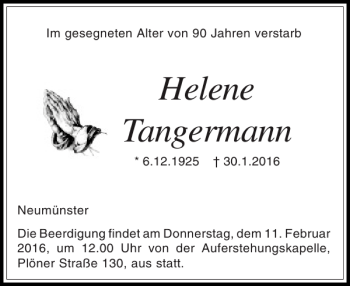 Traueranzeige von Helene Tangermann von Holsteinischer Courier