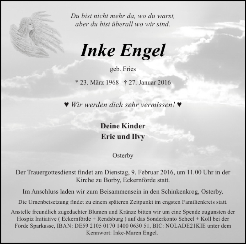  Traueranzeige für Inke Engel vom 06.02.2016 aus Eckernförder Zeitung