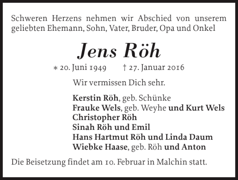  Traueranzeige für Jens Röh vom 06.02.2016 aus Schleswiger Nachrichten