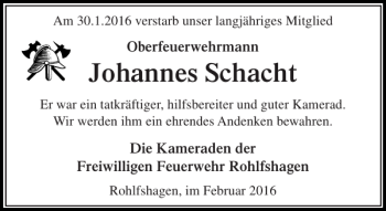 Traueranzeige von Johannes Schacht von Stormarner Tageblatt