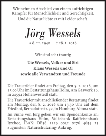 Traueranzeige von Jörg Wessels von Landeszeitung