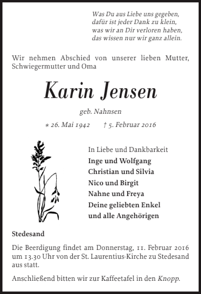  Traueranzeige für Karin Jensen vom 08.02.2016 aus Flensburger Tageblatt