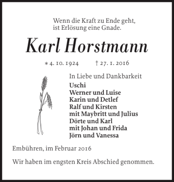 Traueranzeige von Karl Horstmann von Landeszeitung