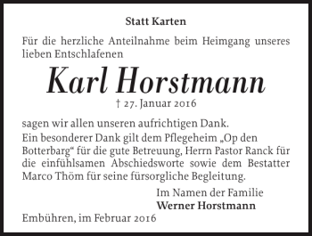 Traueranzeige von Karl Horstmann von Landeszeitung