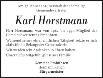 Traueranzeige von Karl Horstmann von Landeszeitung