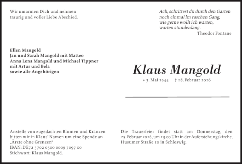  Traueranzeige für Klaus Mangold vom 20.02.2016 aus Schleswiger Nachrichten