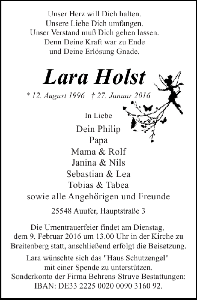  Traueranzeige für Lara Holst vom 06.02.2016 aus Norddeutsche Rundschau