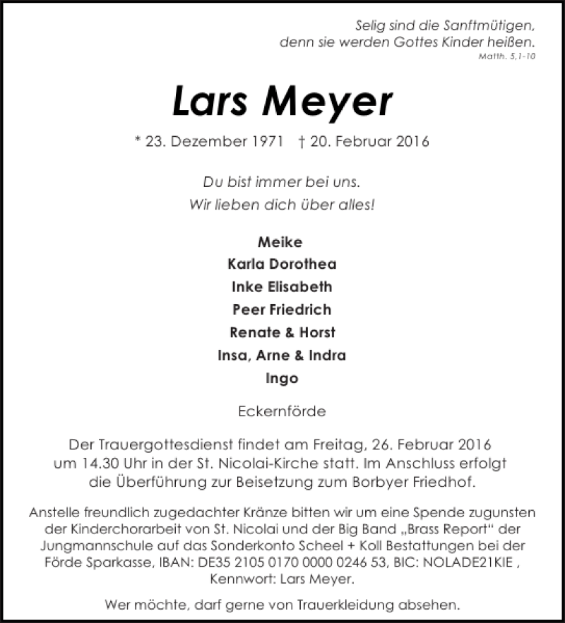  Traueranzeige für Lars Meyer vom 24.02.2016 aus Eckernförder Zeitung