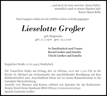 Traueranzeige von Lieselotte Großer von Flensburger Tageblatt