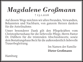 Traueranzeige von Magdalene Großmann von Schleswiger Nachrichten