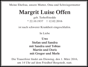 Traueranzeige von Margrit Luise Offen von Stormarner Tageblatt