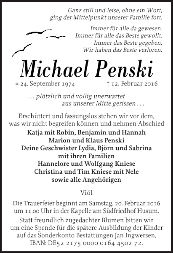  Traueranzeige für Michael Penski vom 17.02.2016 aus Husumer Nachrichten