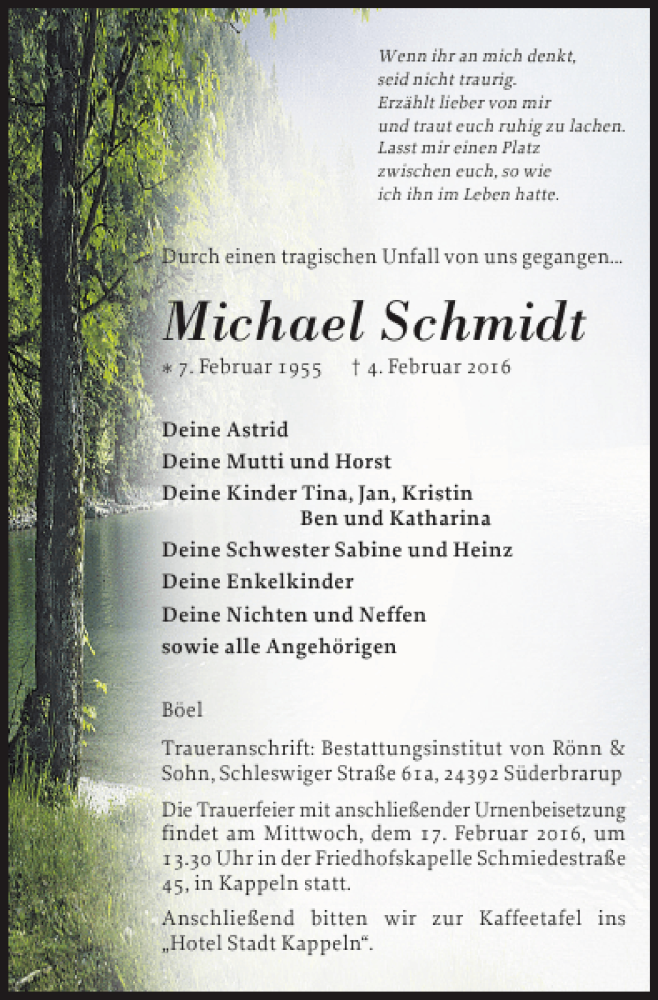  Traueranzeige für Michael Schmidt vom 11.02.2016 aus Schleswiger Nachrichten