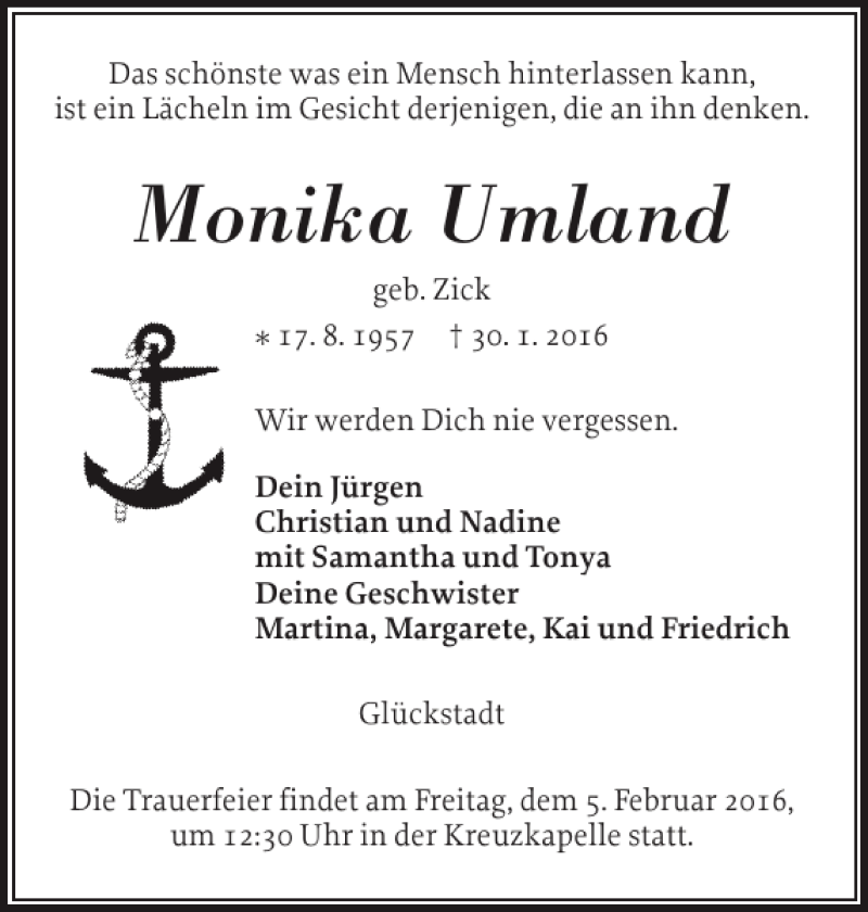  Traueranzeige für Monika Umland vom 02.02.2016 aus Norddeutsche Rundschau