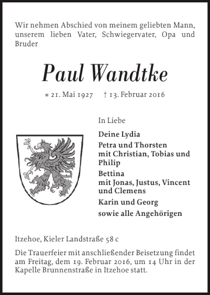  Traueranzeige für Paul Wandtke vom 16.02.2016 aus Norddeutsche Rundschau