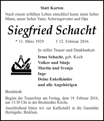 Traueranzeige von Siegfried Schacht von Flensburger Tageblatt