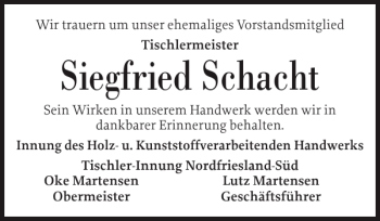 Traueranzeige von Siegfried Schacht von Husumer Nachrichten