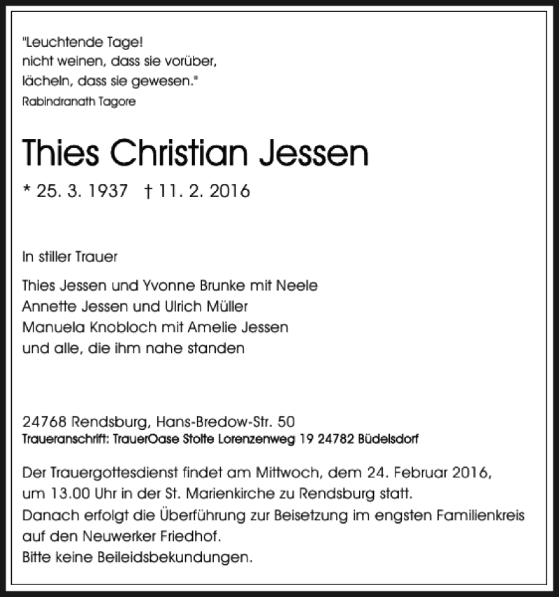  Traueranzeige für Thies Christian Jessen vom 20.02.2016 aus Landeszeitung