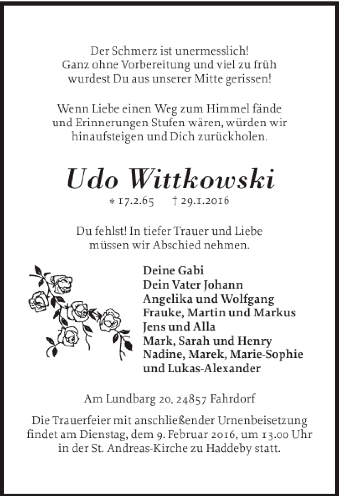  Traueranzeige für Udo Wittkowski vom 03.02.2016 aus Schleswiger Nachrichten