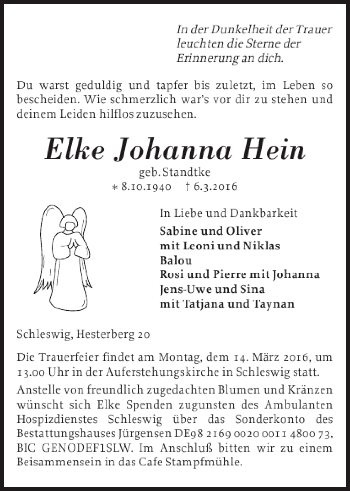  Traueranzeige für Elke Johanna Hein vom 09.03.2016 aus Schleswiger Nachrichten