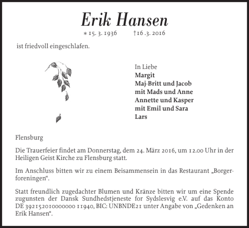  Traueranzeige für Erik Hansen vom 19.03.2016 aus Flensburger Tageblatt