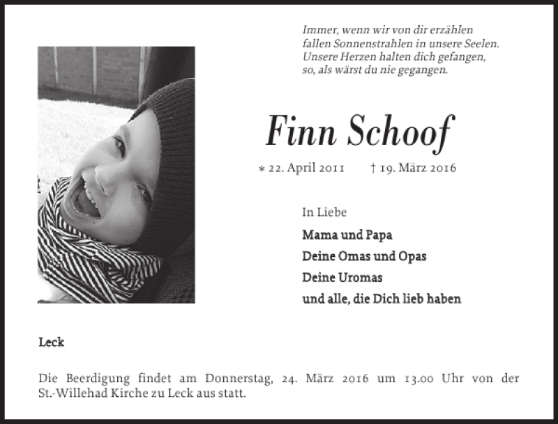  Traueranzeige für Finn Schoof vom 23.03.2016 aus Nordfriesland Tageblatt