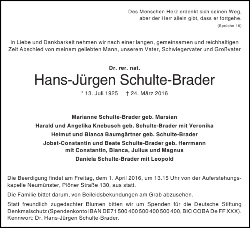  Traueranzeige für Hans-Jürgen Schulte-Brader vom 29.03.2016 aus Holsteinischer Courier