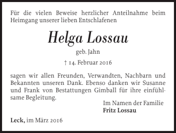 Traueranzeige von Helga Lossau von Nordfriesland Tageblatt